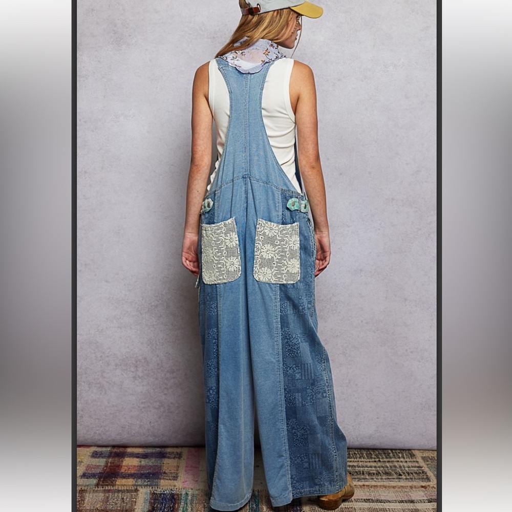 POL Light Blue Patchwork Denim Overalls - image 4
